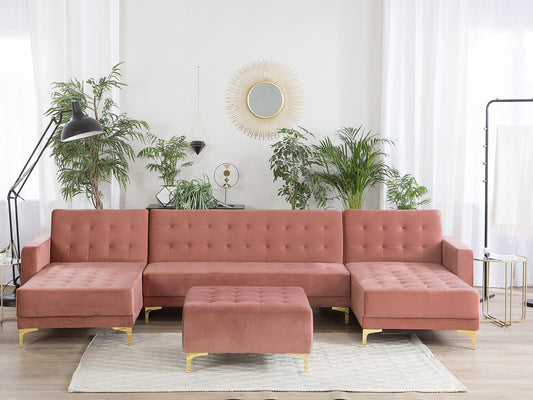 Schlafsofa U-förmig Samtstoff rosa mit Ottomane ABERDEEN