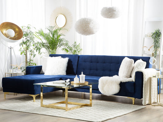 Ecksofa rechtsseitig Samtstoff marineblau Schlaffunktion ABERDEEN