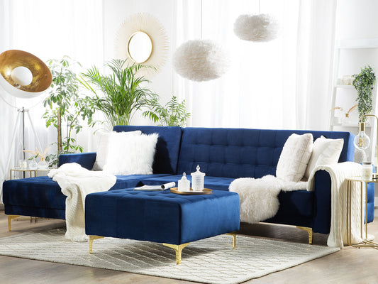 Schlafsofa Samtstoff marineblau rechtsseitig mit Ottomane ABERDEEN