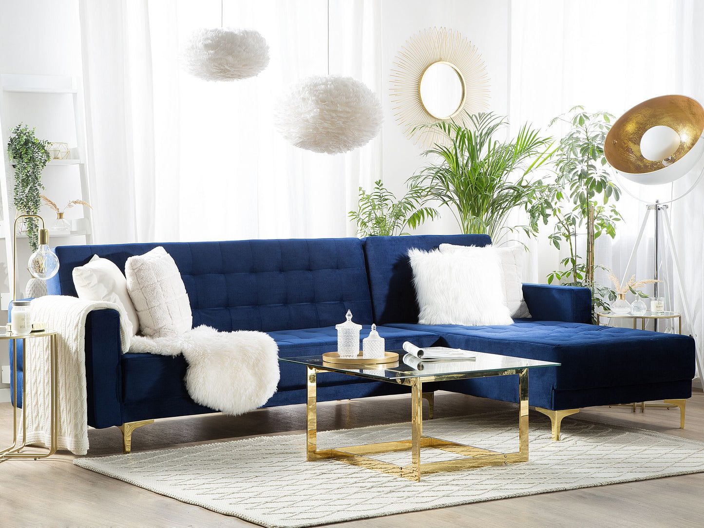 Ecksofa linksseitig Samtstoff marineblau Schlaffunktion ABERDEEN
