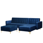 Schlafsofa Samtstoff marineblau linksseitig mit Ottomane ABERDEEN