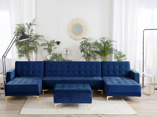 Schlafsofa U-förmig Samtstoff Marineblau mit Ottomane ABERDEEN