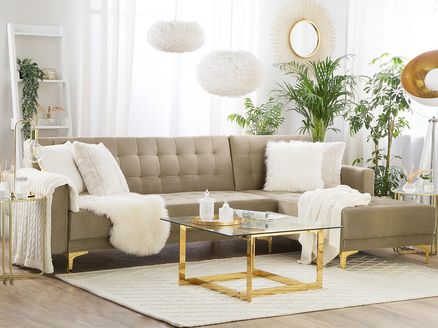 Ecksofa linksseitig Samtstoff sandbeige Schlaffunktion ABERDEEN