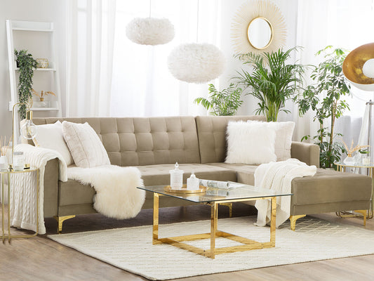 Ecksofa linksseitig Samtstoff sandbeige Schlaffunktion ABERDEEN