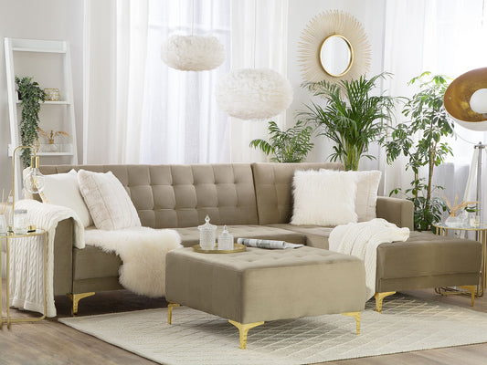 Schlafsofa Samtstoff sandbeige linksseitig mit Ottomane ABERDEEN