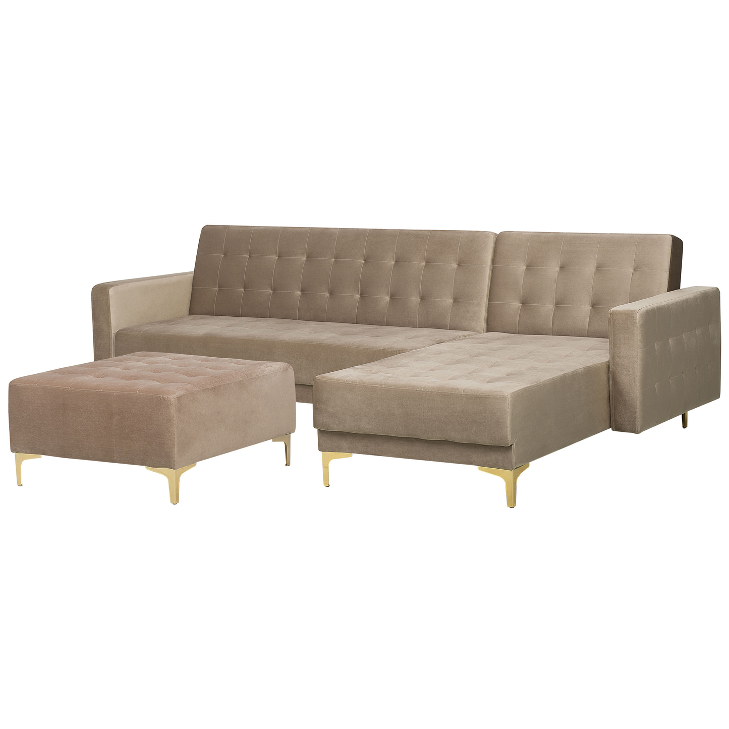 Schlafsofa Samtstoff sandbeige linksseitig mit Ottomane ABERDEEN
