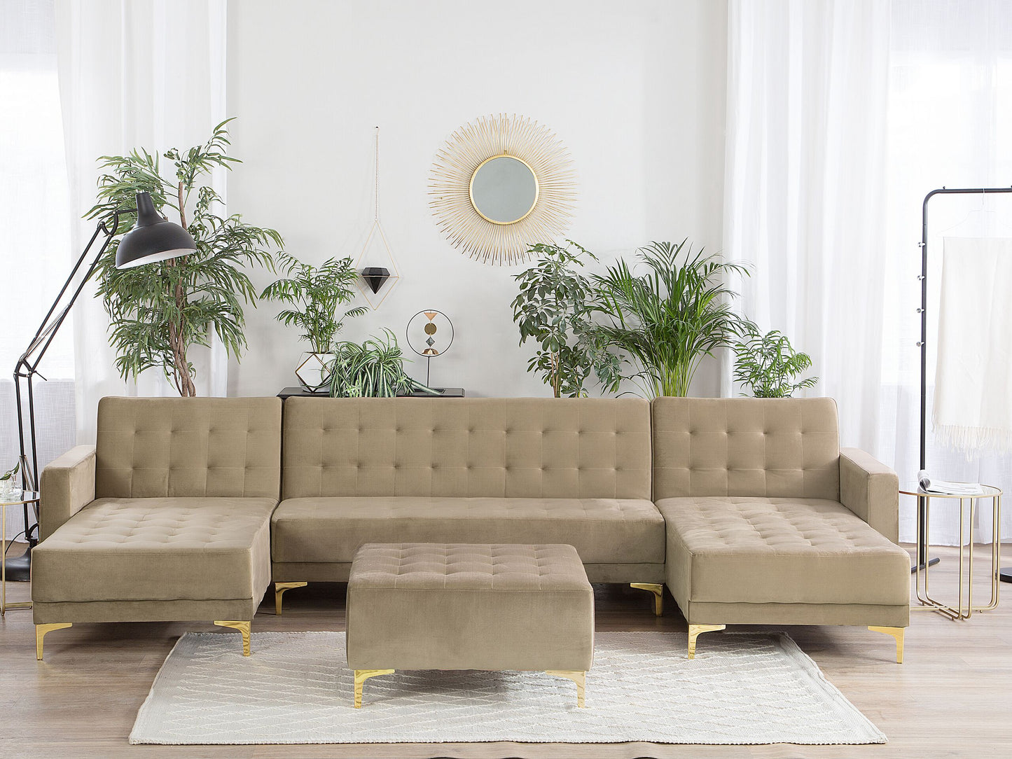 Schlafsofa U-förmig Samtstoff sandbeige mit Ottomane ABERDEEN