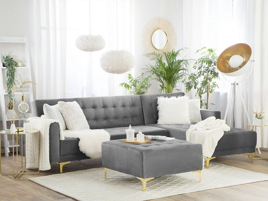 Schlafsofa Samtstoff grau linksseitig mit Ottomane ABERDEEN