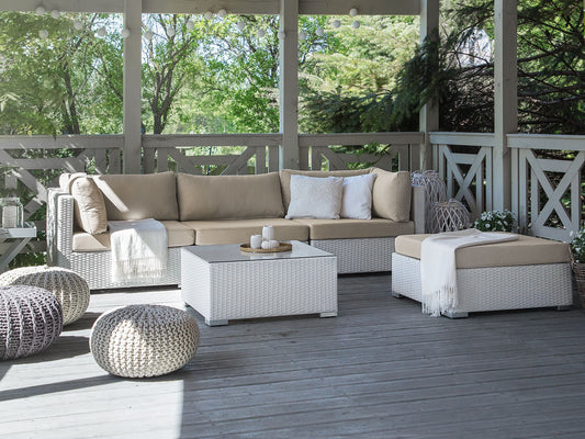 Garten Ecksofa mit Tisch 4-Sitzer SANO II linksseitig modular Polyrattan Weiss