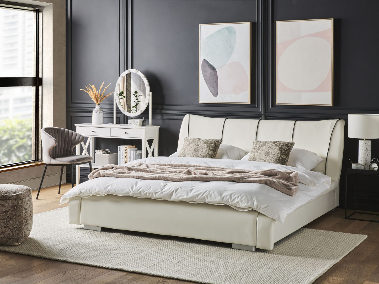 Bett mit Lattenrost Echtleder NANTES 140 x 200 cm Cremeweiss
