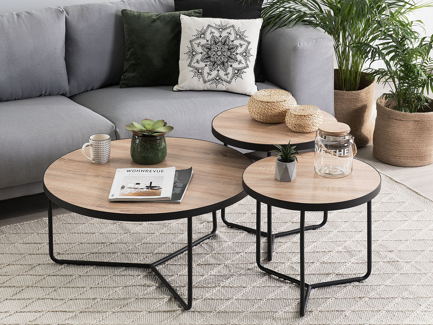 Couchtisch 3er Set Holzoptik hellbraun / schwarz rund MELODY