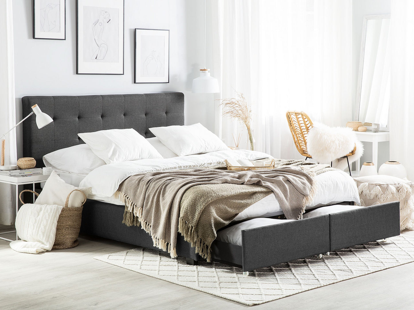 Bett mit Schubladen Stoff LA ROCHELLE 140 x 200 cm Dunkelgrau