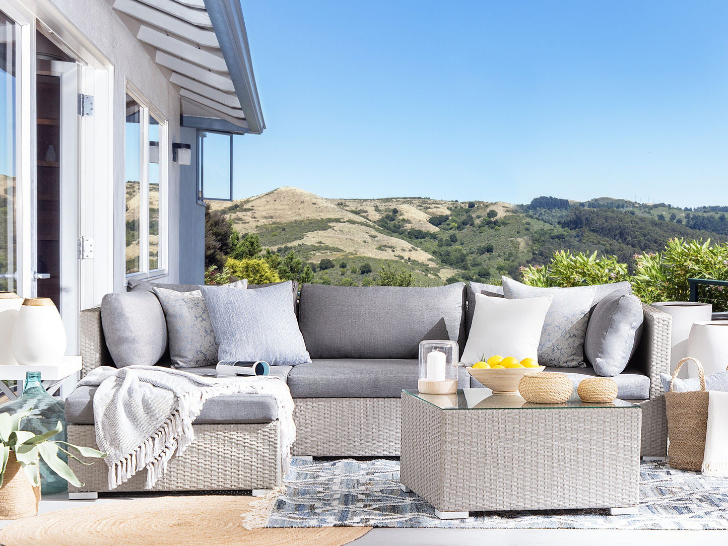 Garten Ecksofa mit Tisch 4-Sitzer SANO II linksseitig modular Polyrattan Hellgrau