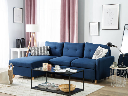 Ecksofa mit Schlaffunktion Polsterbezug marineblau rechtsseitig FLAKK