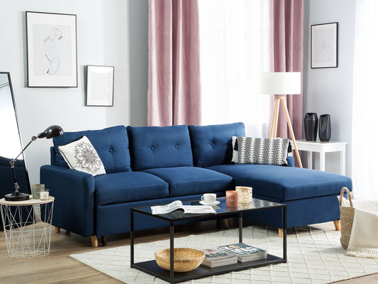 Ecksofa mit Schlaffunktion Polsterbezug marineblau linksseitig FLAKK