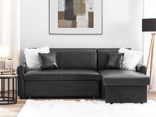 Ecksofa mit Schlaffunktion Lederoptik schwarz linksseitig OGNA