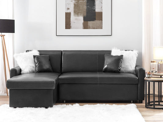 Ecksofa mit Schlaffunktion Lederoptik schwarz rechtsseitig OGNA