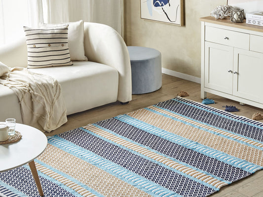 Teppich Baumwolle blau / beige 140 x 200 cm Kurzflor MARMARA