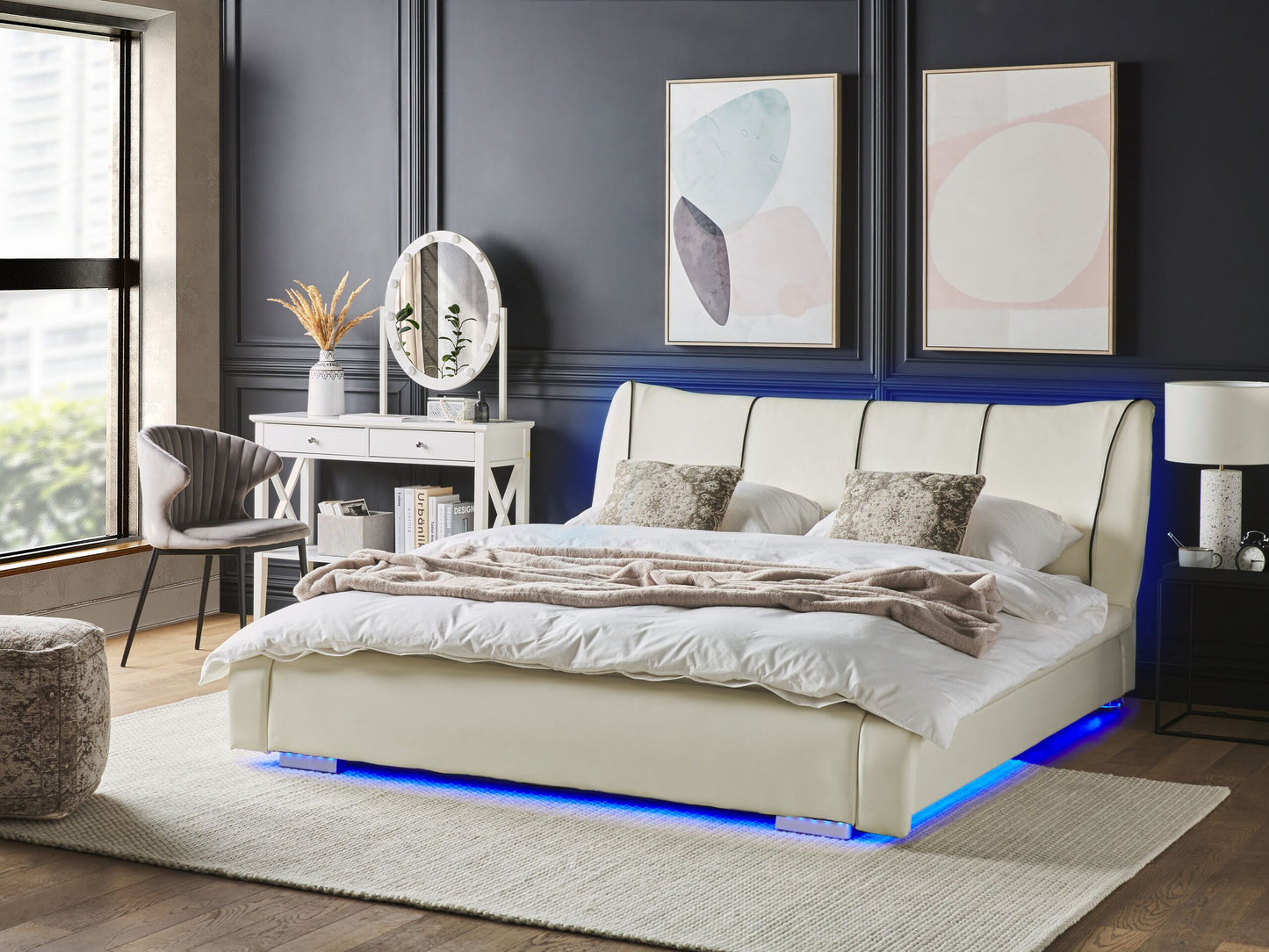 Bett mit LED Echtleder NANTES 140 x 200 cm LED Cremeweiss