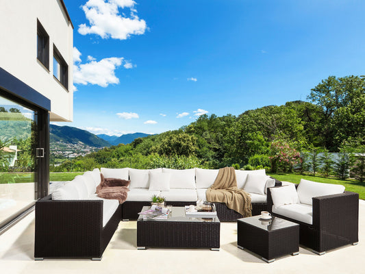 Lounge Set mit Tisch 8-Sitzer XXL rechtsseitig modular Polyrattan Dunkelbraun