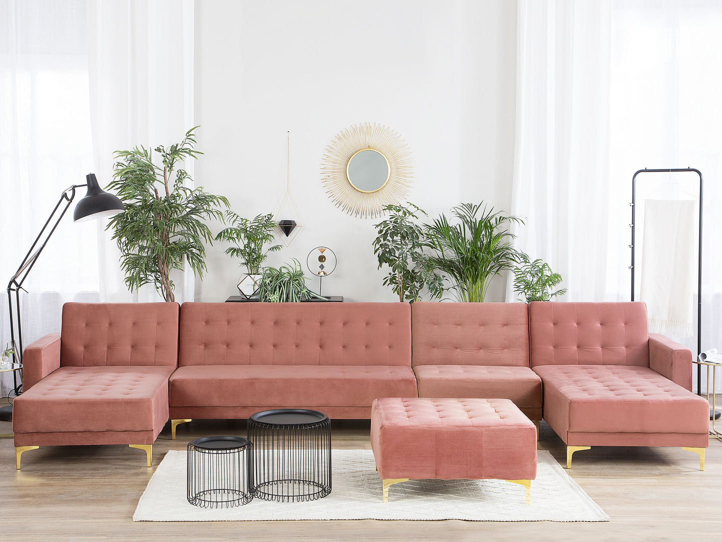 Wohnlandschaft Samtstoff rosa mit Ottomane ABERDEEN