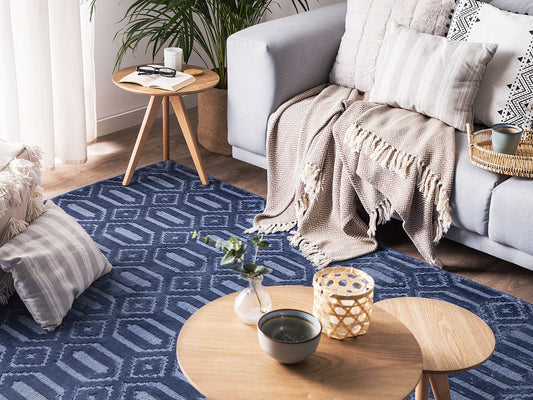 Teppich marineblau 140 x 200 cm geometrisches Muster Kurzflor ADATEPE