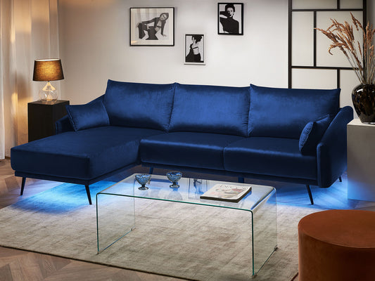 Ecksofa Samtstoff marineblau mit LED-Beleuchtung rechtsseitig VARDE