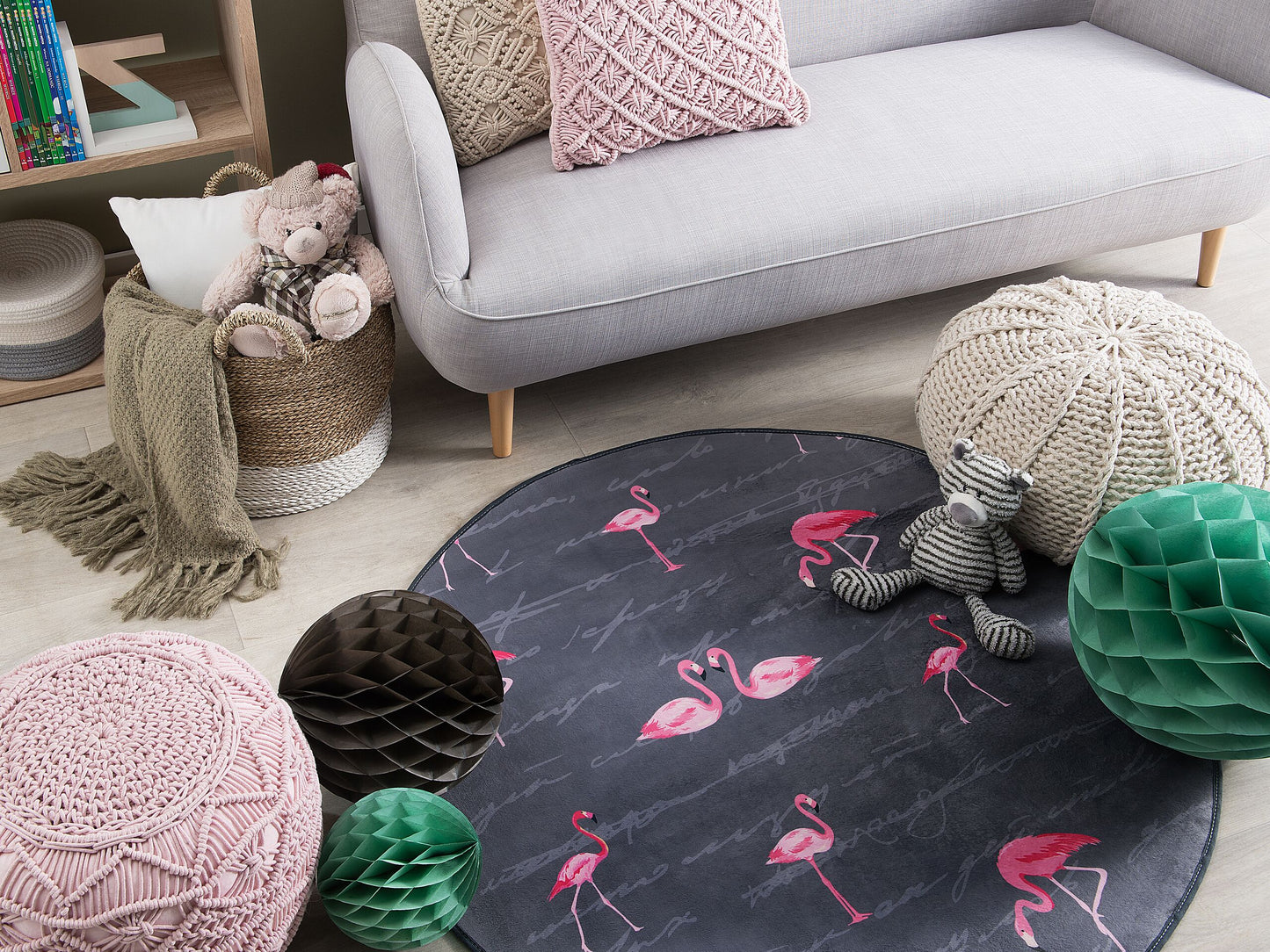 Kinderteppich grau ⌀ 120 cm Flamingo-Muster Kurzflor KERTE