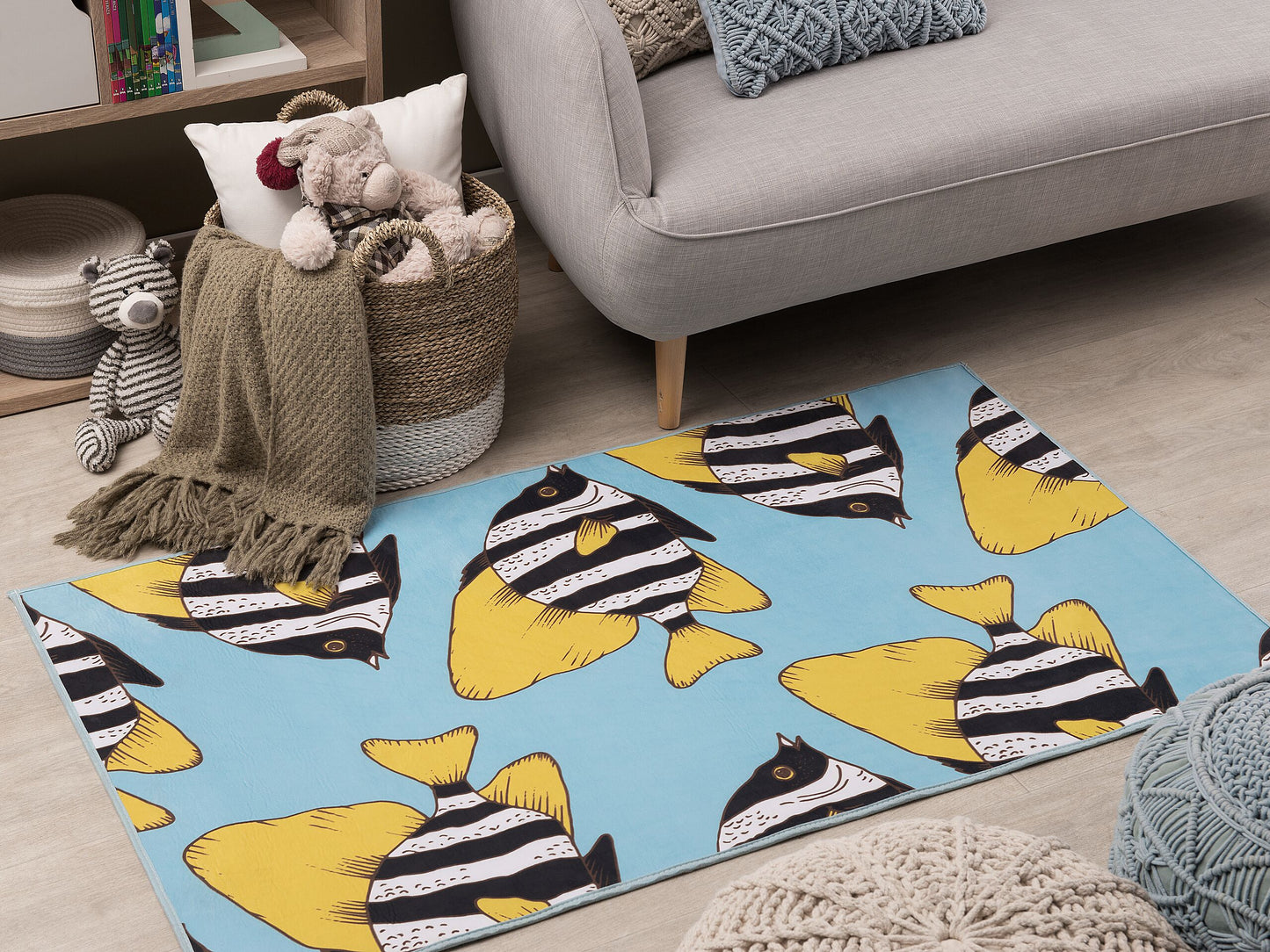 Kinderteppich blau 80 x 140 cm Fischmuster Kurzflor FIZME