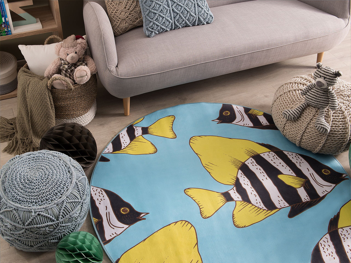 Kinderteppich blau ⌀ 140 cm Fischmuster Kurzflor FIZME