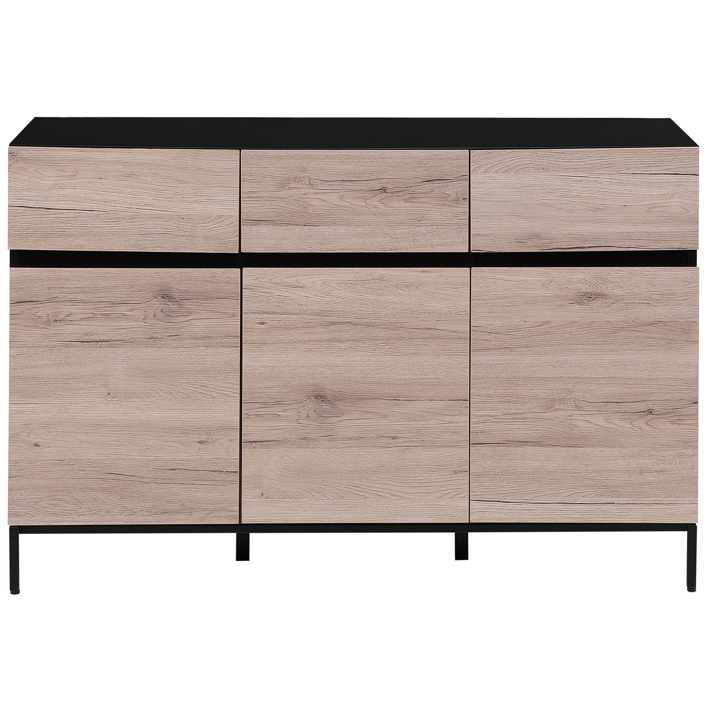 Sideboard heller Holzfarbton / schwarz 3 Schränke 3 Schubladen SYDNEY