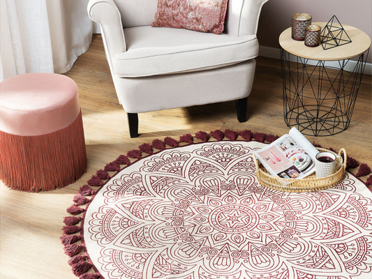 Teppich Baumwolle creme / rot ø 120 cm Mandala-Muster Kurzflor AYAKLI