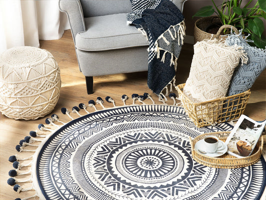 Teppich Baumwolle beige / dunkelblau ø 120 cm mit Quasten Kurzflor TATVAN