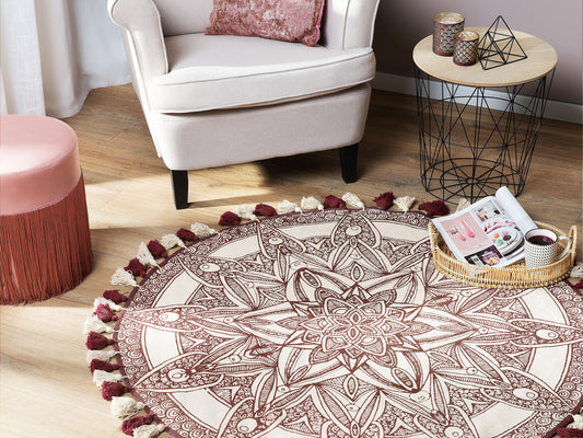 Teppich Baumwolle creme / rot ø 120 cm Mandala-Muster Kurzflor OLTU
