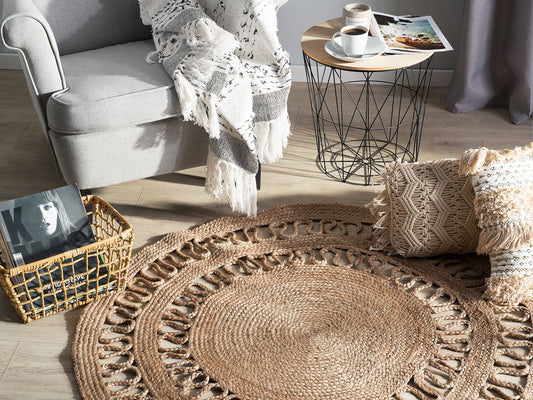 Teppich Jute beige ø 120 cm geflochten Kurzflor DIKILI