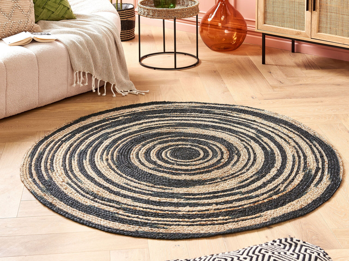 Teppich Jute beige-schwarz ⌀ 140 cm Kurzflor ARTORA