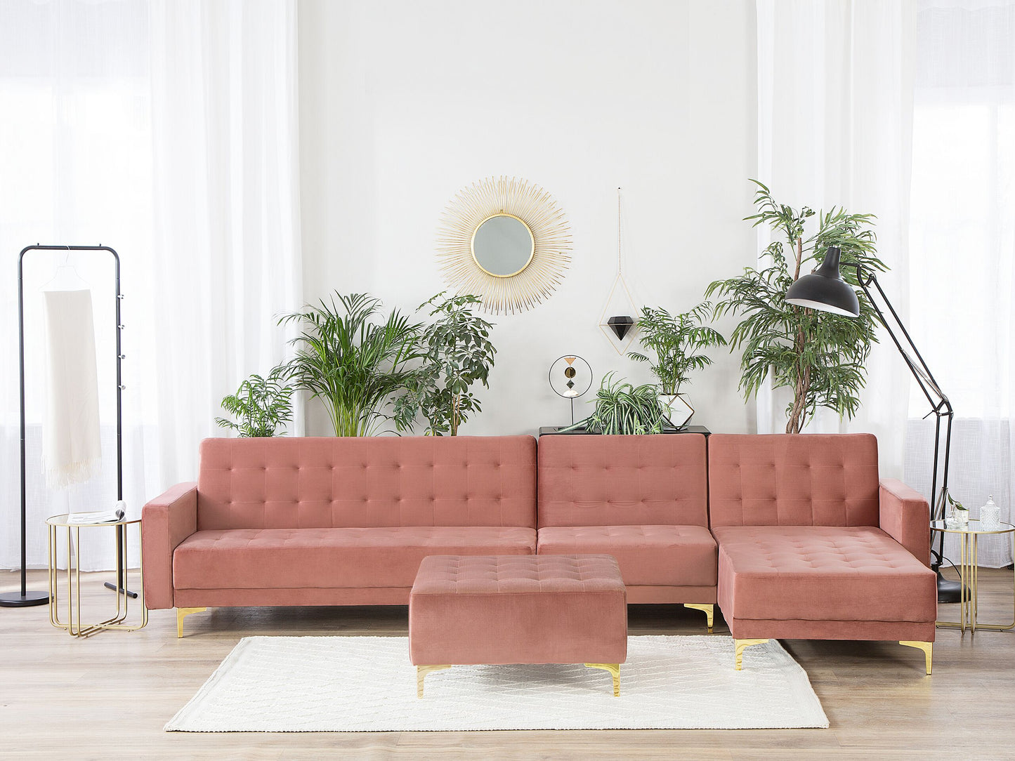 Modulsofa Samtstoff Schlaffunktion rosa linksseitig Ottomane ABERDEEN