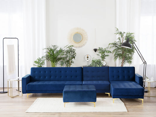 Modulsofa Samtstoff Schlaffunktion marineblau linksseitig Ottomane ABERDEEN