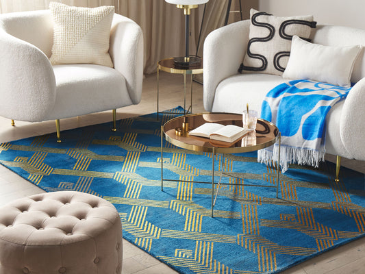 Teppich marineblau/gold 160 x 230 cm geometrisches Muster Kurzflor VEKSE