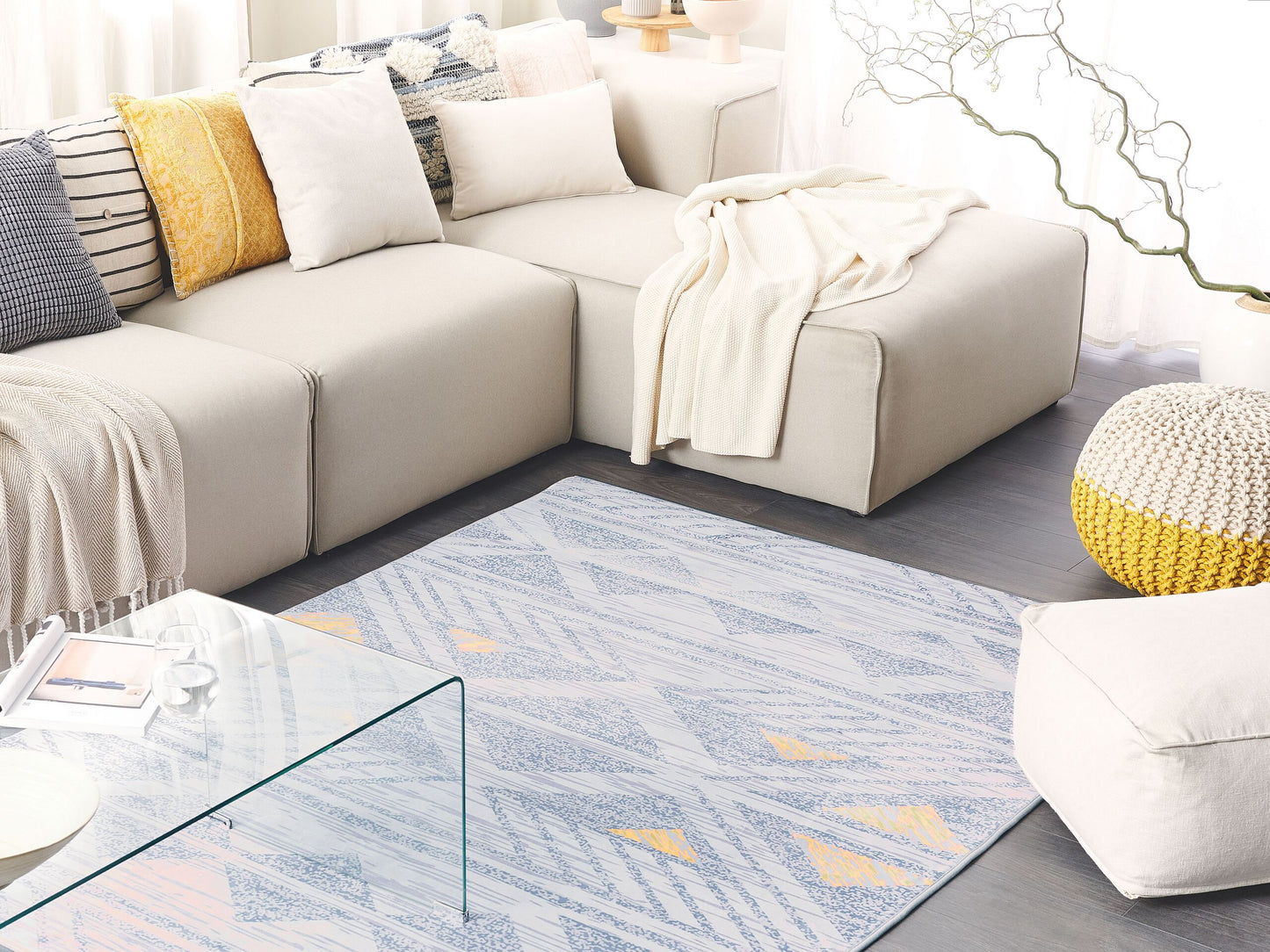 Teppich grau-gelb 140 x 200 cm geometrisches Muster Kurzflor KARGI