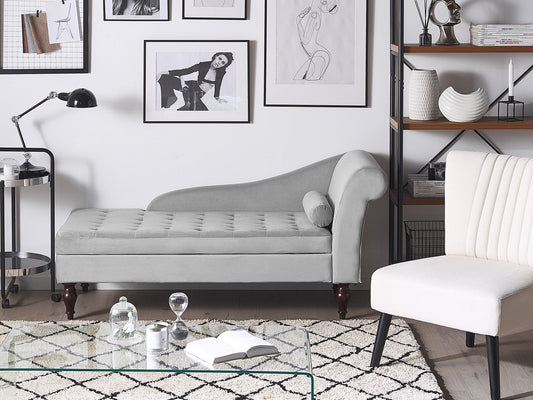 Chaiselongue Samtstoff hellgrau mit Bettkasten rechtsseitig PESSAC II