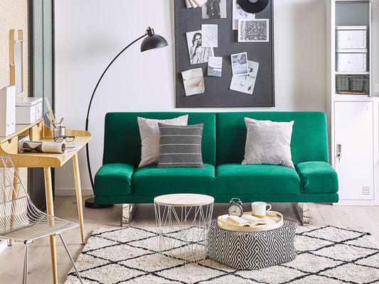 Schlafsofa 2-Sitzer Samtstoff grün silberne Metallbeine verstellbar YORK