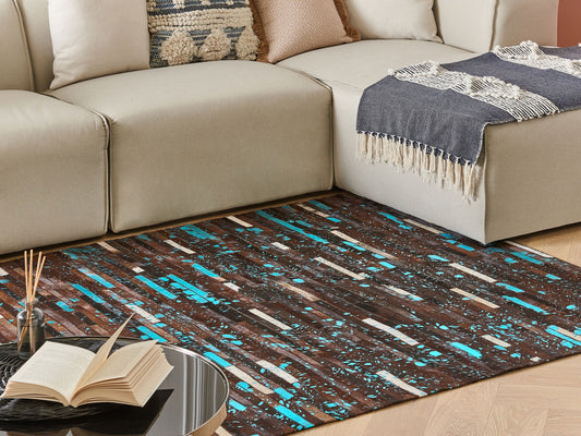 Teppich Kuhfell braun / blau 160 x 230 cm Patchwork Kurzflor KISIR