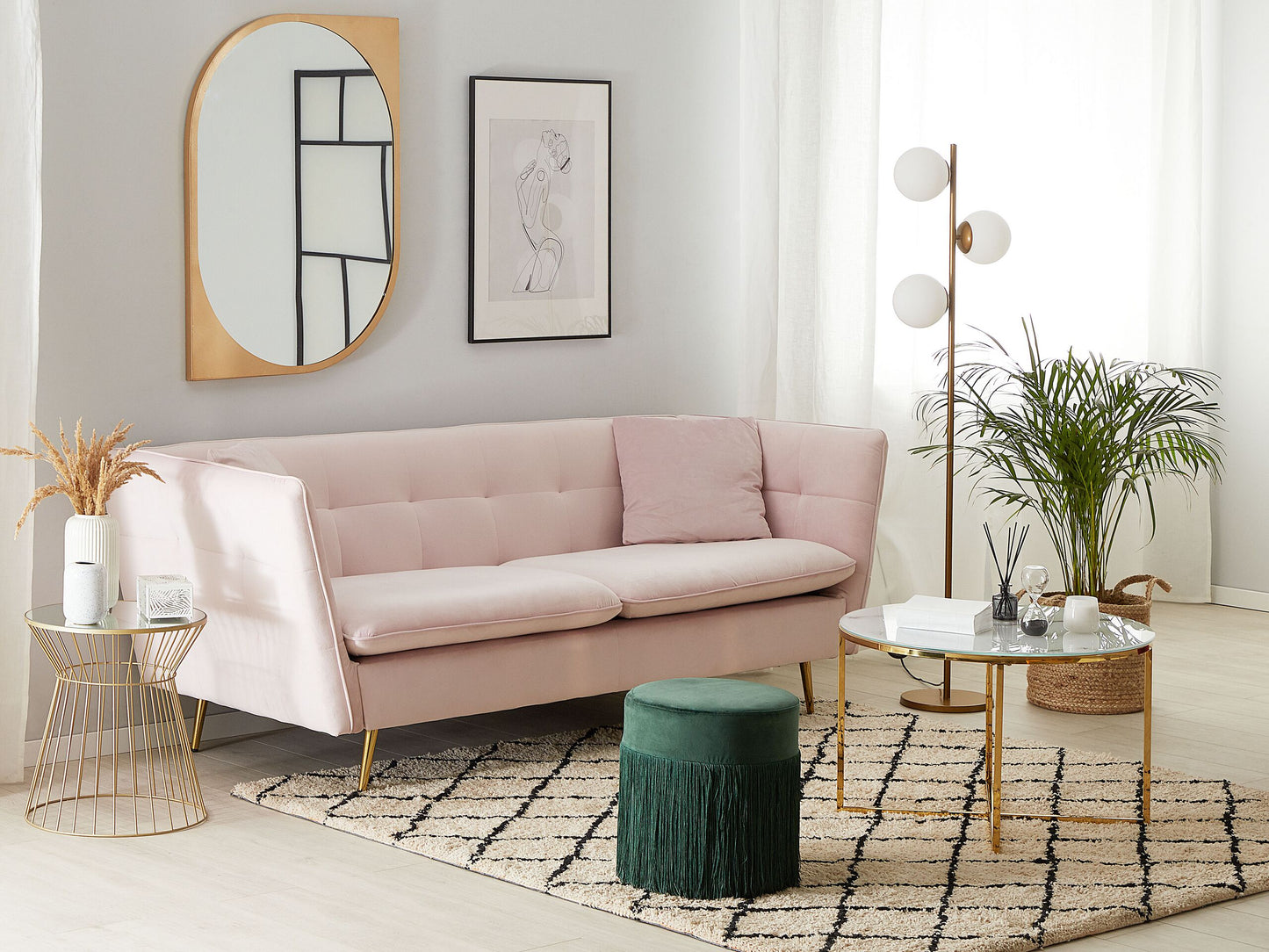 3-Sitzer Sofa Samtstoff pastellrosa mit goldenen Beinen FREDERICA