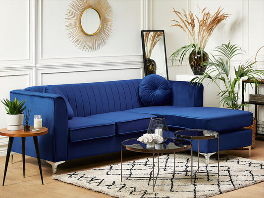 Ecksofa Samtstoff linksseitig marineblau 3-Sitzer TIMRA