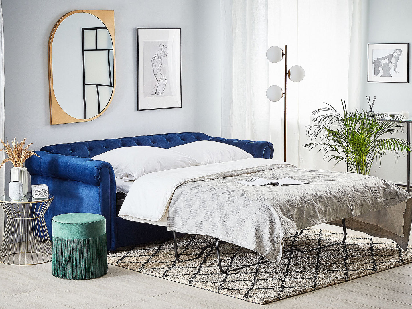 Schlafsofa 3-Sitzer Samtstoff marineblau CHESTERFIELD