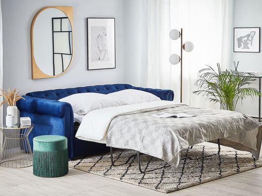 Schlafsofa 3-Sitzer Samtstoff marineblau CHESTERFIELD