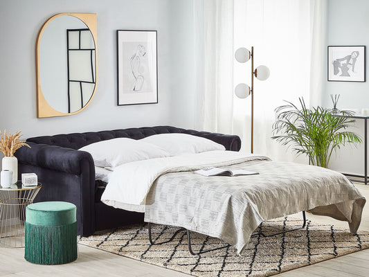 Schlafsofa 3-Sitzer Samtstoff schwarz CHESTERFIELD