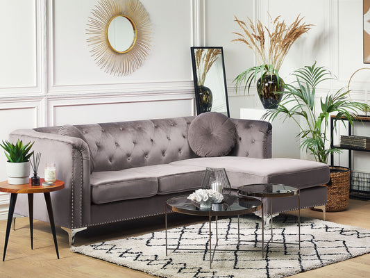 Ecksofa Samtstoff linksseitig grau Chesterfield-Design 3-Sitzer FLEN