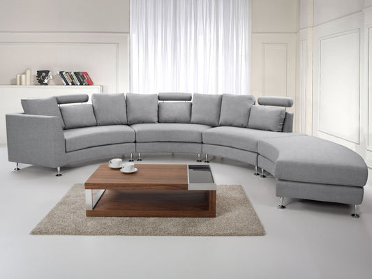7-Sitzer Sofa hellgrau halbrund mit Ottomane ROTUNDE
